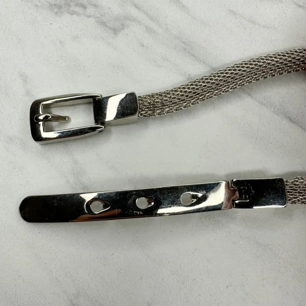 Silver Tone Metal Mesh Chain Belt Oval Bar Stations Buckle Large (L) ✨